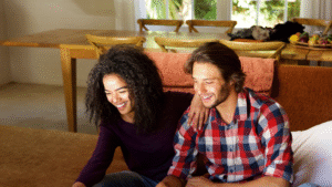 Young couple sitting in a modern living room