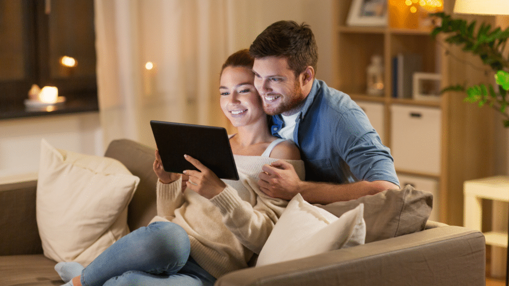 Young couple logging in to block and estate management customer portal